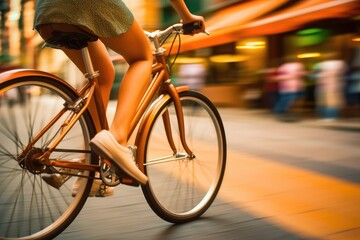 The vibrant energy and urban vibe of a young woman cycling through a bustling city street with a close - up shot of her legs and the pedals. Generative AI