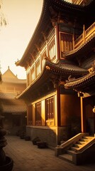 Obraz premium Chinese temple at night. AI generated art illustration.