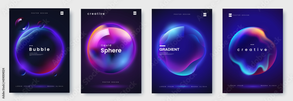 Poster Poster collection with abstract colorful gradient sphere. Glowing vibrant liquid gradient shape on dark background. Design template for flyer, social media, banner, placard. Vector illustration