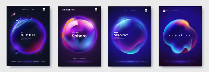 Poster collection with abstract colorful gradient sphere. Glowing vibrant liquid gradient shape on dark background. Design template for flyer, social media, banner, placard. Vector illustration - obrazy, fototapety, plakaty