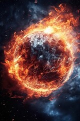 Burning earth in fire. AI generated art illustration.