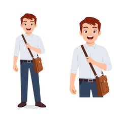 man standing holding bag and ready to go to work