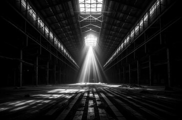 Abandoned old warehouse factory interior, dark, industrial, dirty, black and white. Generative AI