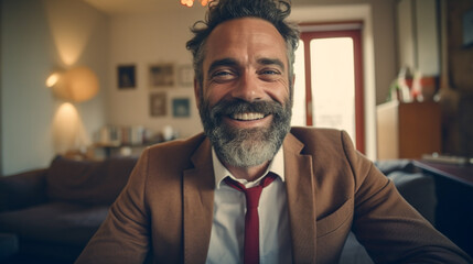 mature adult male wearing a suit and shirt, in an office or at home, on a sofa couch, smiling, confident and confident in himself, proud and honorable
