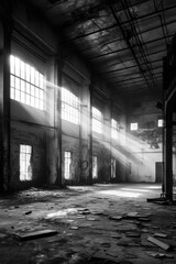 Abandoned old factory interior, industrial, dirty, vertical. Generative AI