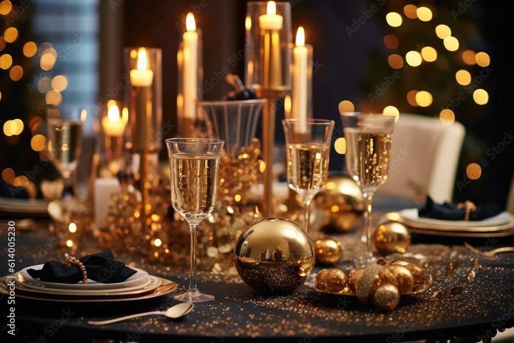 Wall mural A close - up shot of a table adorned with New Year's decorations, including glittering candles, sparkling confetti, and elegant champagne glasses.  Generative AI