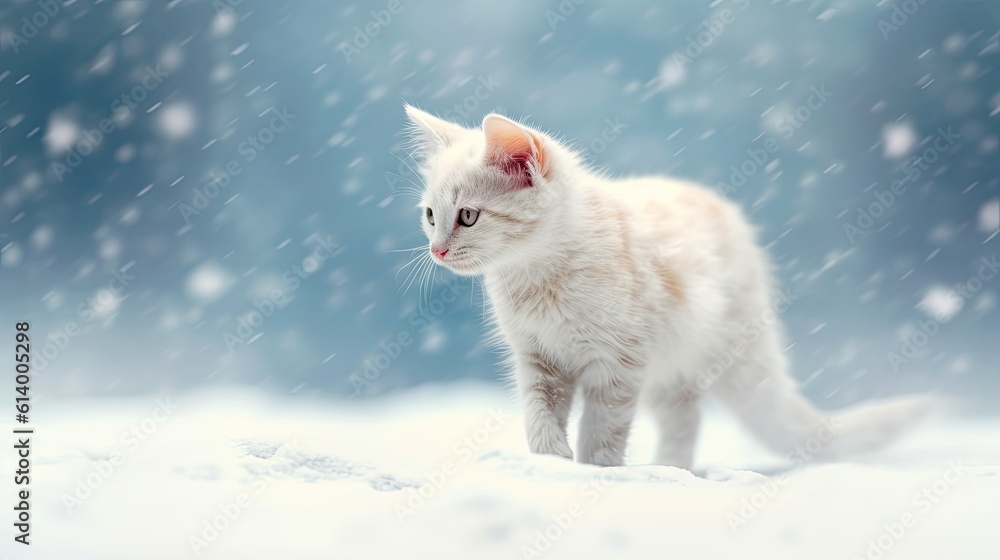 Wall mural Cat in snow. AI generated art illustration.