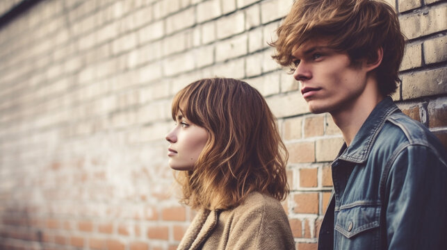 two strangers or couple, man and woman are arguing outside on the street on the sidewalk, fictional reason