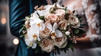 Obraz na płótnie Canvas Wedding bouquet in hands of bride and groom in wedding day Closeup Generative AI