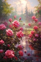 Roses in a garden. AI generated art illustration.