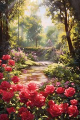 Roses in a garden. AI generated art illustration.