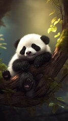 Obraz premium Giant panda eating bamboo leaves. AI generated art illustration. 