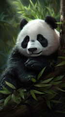 Fototapeta premium Giant panda eating bamboo leaves. AI generated art illustration. 