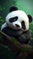 Giant panda eating bamboo leaves. AI generated art illustration.
