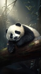 Fototapeta premium Giant panda eating bamboo leaves. AI generated art illustration. 