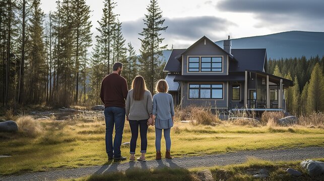 Young family looking at their new home standing with their backs Generative AI