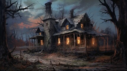Fototapeta premium Scary house in the woods. AI generated art illustration. 