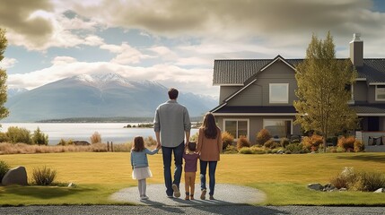 Young family looking at their new home standing with their backs Generative AI - obrazy, fototapety, plakaty