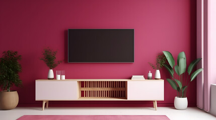 Cabinet for TV in modern living room on white viva magenta wall background.