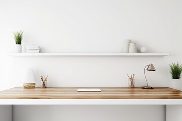 Fototapeta na wymiar zen vibe, white minimalist living room with home office, close up of a wooden vintage table top or shelf, and white architecture interior design. Generative AI