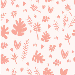 Fototapeta na wymiar Vector illustration. Seamless pattern on the theme of plants. Big set of leaves, petals and twigs. Summer fabric.
