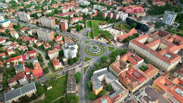 Aerial drone view of Timisoara, Romania. View of the city downtown, Roundabout intersection and multiple historical and residential buildings around