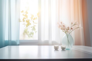 White tabletop against hazy pastel window curtains. Generative AI