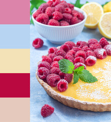 Lemon tart garnished with raspberry, color palette