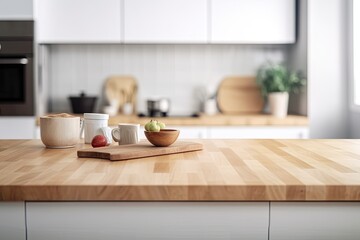 Obraz na płótnie Canvas Wood table top with a background of a kitchen room in blur. Mockup counter for product montage or important visual layout design. Generative AI