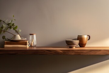 wooden floating shelf with a minimalist design. Generative AI