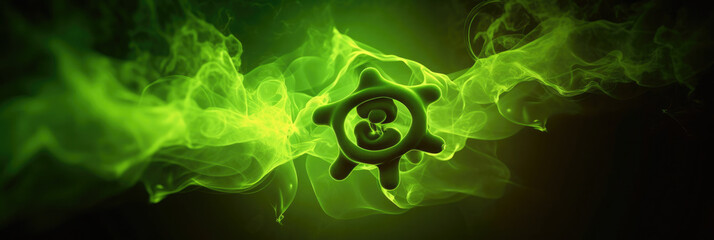 Abstract image of a biohazard symbol emitting a glowing green light, symbolizing toxicology and public health, against a dramatic dark background