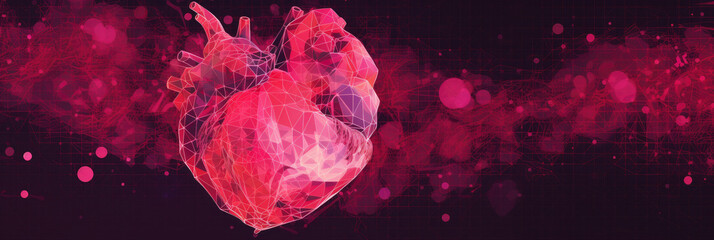 stylized image of a human heart composed of intricate lines and dots, symbolizing cardiology and heart health, on a vibrant pink background