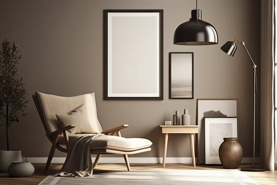With a mock up poster frame, a pillow on the chaise longue, a black minimalist lamp, and attractive personal accessories, this pleasant living area is stylishly composed. beige wall without color. Tem