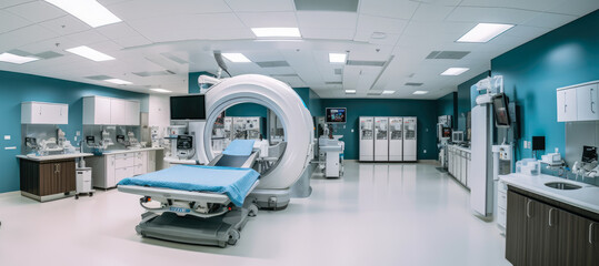Panorama of a state-of-the-art radiology department with modern MRI and CT scanners and medical professionals