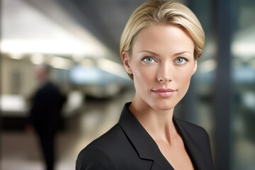 Fototapeta premium A close - up portrait of a confident businesswoman in a modern office setting. Generative AI