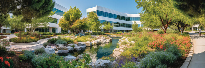 Fototapeta premium Panoramic view of a beautifully landscaped hospital garden with colorful flowers, benches, and a soothing water feature