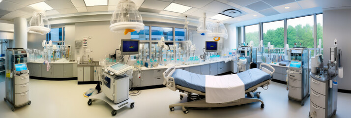 Fototapeta na wymiar Panorama of a bustling, high-tech neonatal unit with nurses attending to newborns in incubators