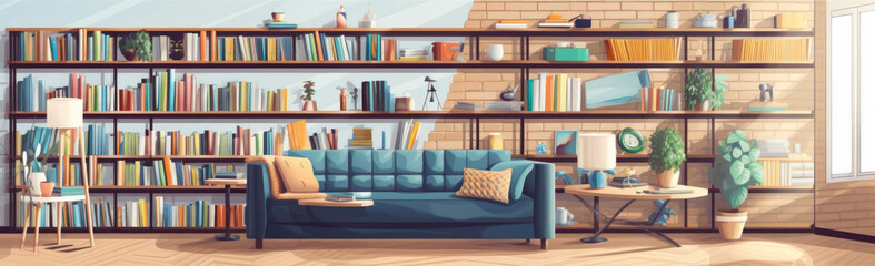 Panorama of a modern psychology office with a comfortable sofa, bookshelves filled with psychology books, and calming art on the walls