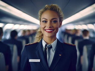A close - up shot of a female flight attendant, standing in the aisle of an airplane cabin, warmly welcoming passengers with a smile.  Generative AI