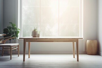 wooden table empty with a hazy image of a Scandinavian living room. Generative AI