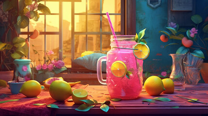Lemonade, summer drink cute art, pink and yellow, korean style, panoramic ai art for cafe, whimsical interior