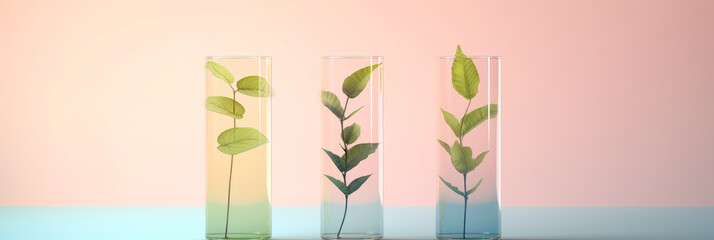 Fototapeta na wymiar minimalist panorama of a stylized test tube containing a plant, against a pastel gradient background, symbolizing botanical medicine