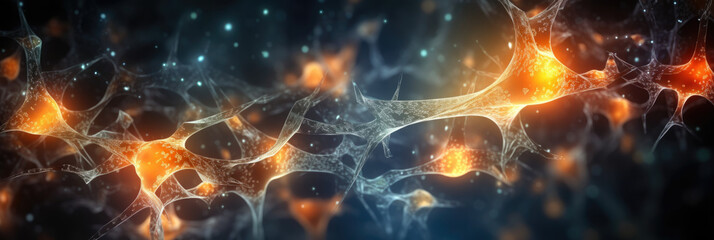 abstract panoramic wallpaper of an artistic rendering of synapses firing in a neural network, against a dark background