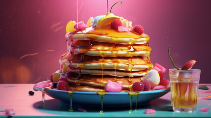 Pancakes with beries cute art, pink and yellow, korean style, panoramic ai art for cafe, whimsical drink illustration