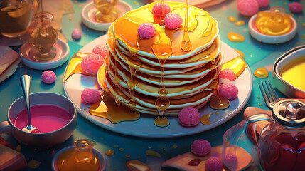 Pancakes with beries cute art, pink and yellow, korean style, panoramic ai art for cafe, whimsical drink illustration