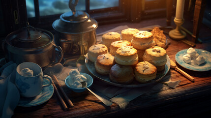 Scones with glaze cute art, dark blue and yellow, korean style, panoramic ai art for cafe, whimsical drink illustration