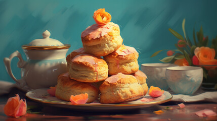 Scones with glaze cute art, pink and yellow, korean style, panoramic ai art for cafe, whimsical drink illustration