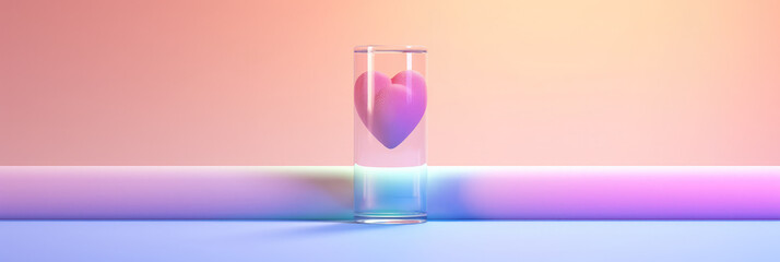minimalist panorama of a stylized test tube with a heart-shaped bubble, against a pastel gradient background, symbolizing love in medicine