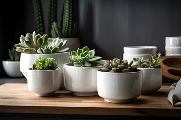 Fototapeta premium White pots with different succulents on a wooden kitchen counter, interior design. Generative AI