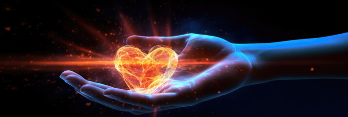 abstract panoramic wallpaper of a stylized human hand reaching out to a glowing heart, against a dark background, symbolizing cardiology